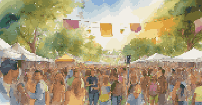 A lively outdoor music festival with young people celebrating, surrounded by environmental awareness banners and eco-friendly vendors under a sunset.