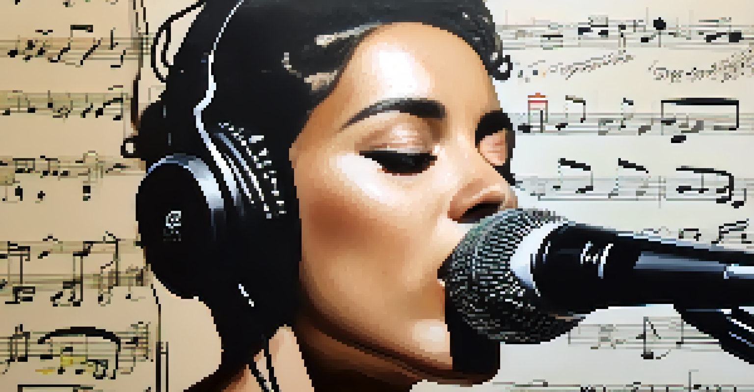 A close-up of a singer practicing with an emphasis on breath control, surrounded by musical elements.