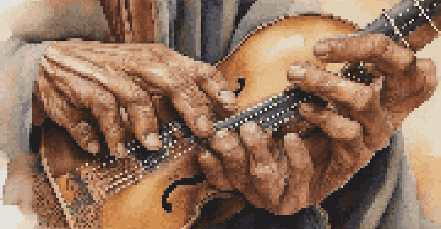 A close-up view of hands skillfully playing a traditional instrument, highlighting its intricate design against a softly blurred background.