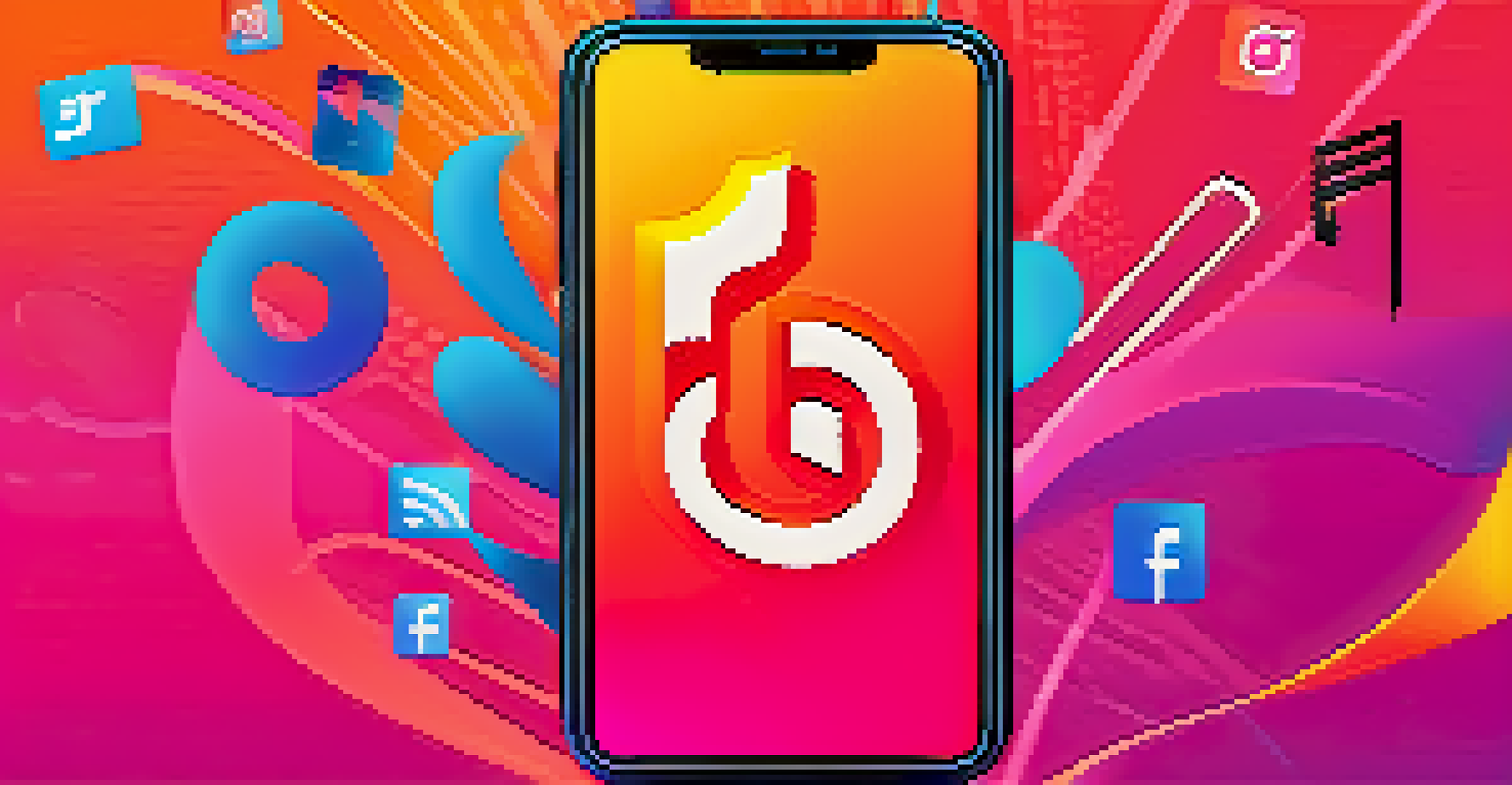 A smartphone with a TikTok dance challenge displayed, surrounded by colorful gradients and musical notes.