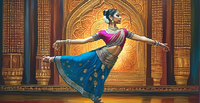 A dancer in traditional Indian Bharatanatyam attire performing on stage with warm lighting and intricate decorations.