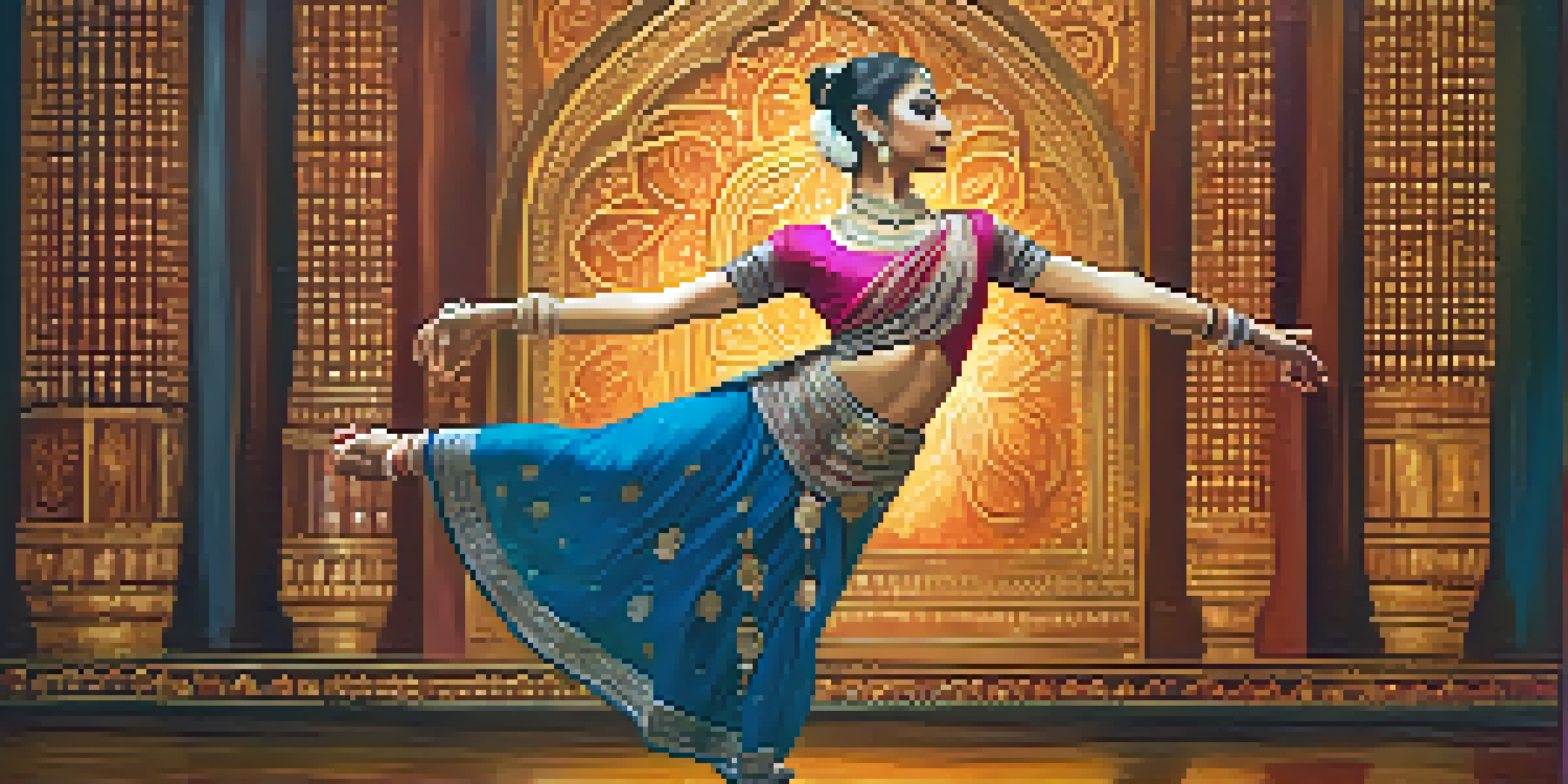 A dancer in traditional Indian Bharatanatyam attire performing on stage with warm lighting and intricate decorations.