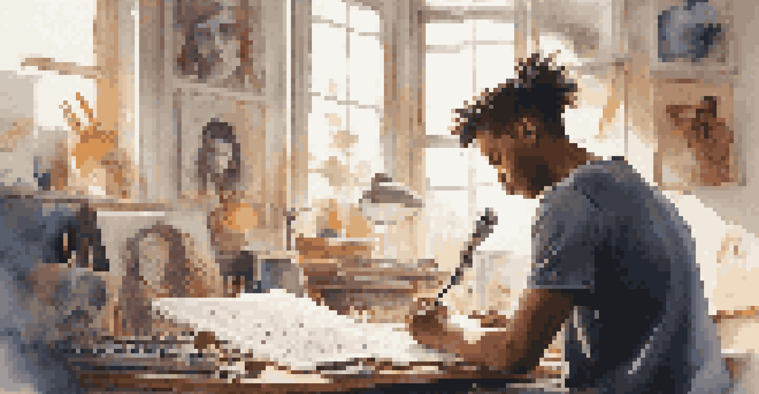 A young artist in a modern studio writing lyrics, surrounded by musical instruments and posters of music icons.