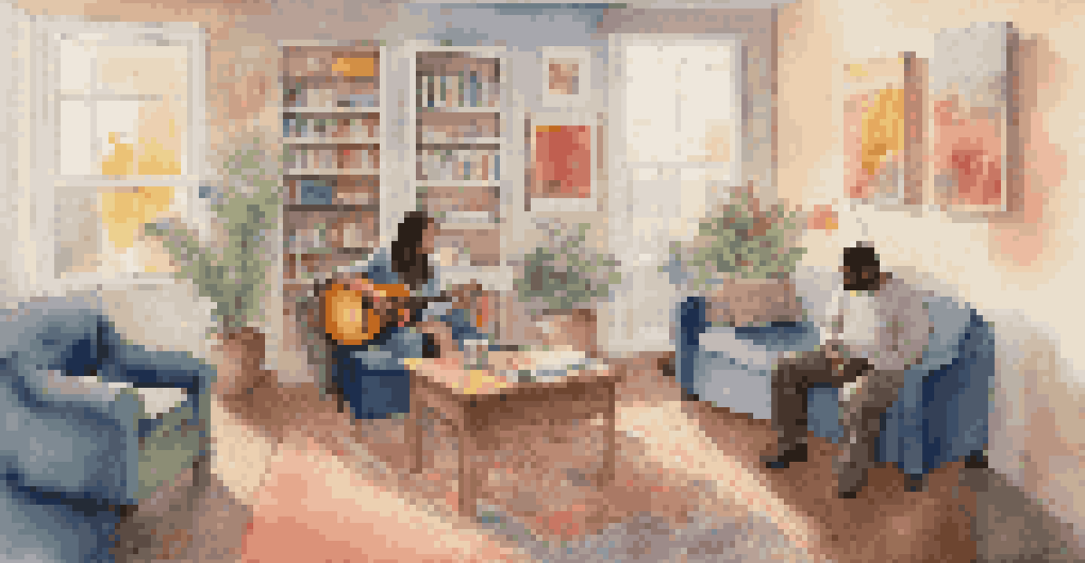 A therapist and a patient engaged in a music therapy session with simple instruments in a warm office.