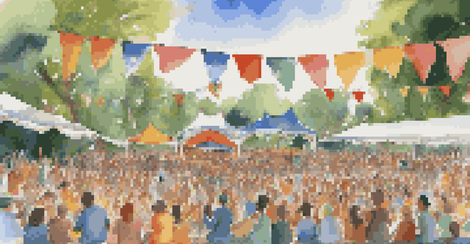 A community folk music festival with traditional musicians on stage and an engaged audience dancing and enjoying the performance, surrounded by colorful decorations.