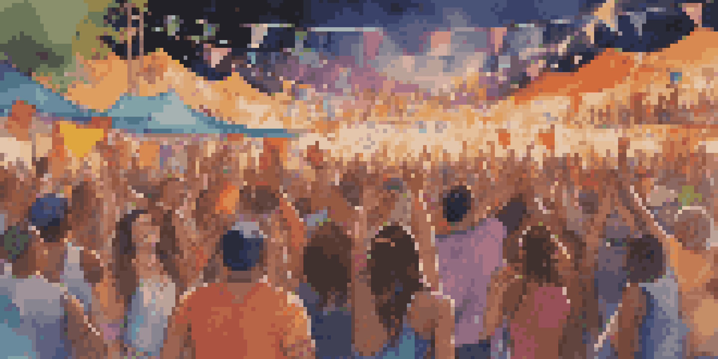 A lively outdoor music festival with a diverse crowd dancing and enjoying performances, colorful decorations, and bright lights in the night sky.