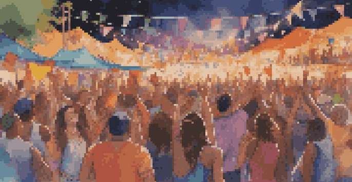 A lively outdoor music festival with a diverse crowd dancing and enjoying performances, colorful decorations, and bright lights in the night sky.