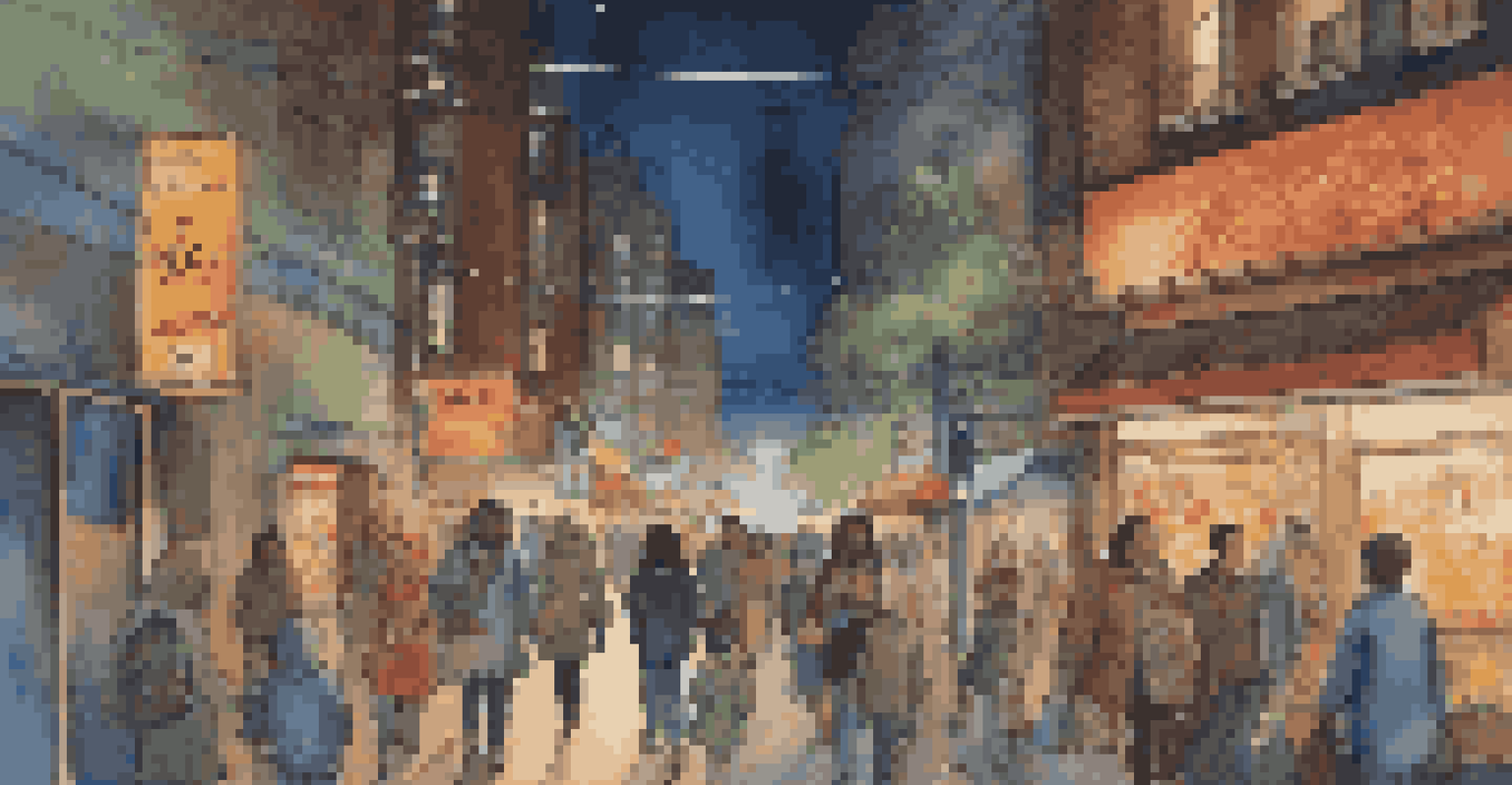 A vibrant city street at night with neon lights and people walking.