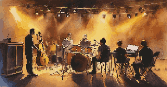 A sound check scene with musicians and a sound engineer adjusting equipment on stage, illuminated by warm lights.