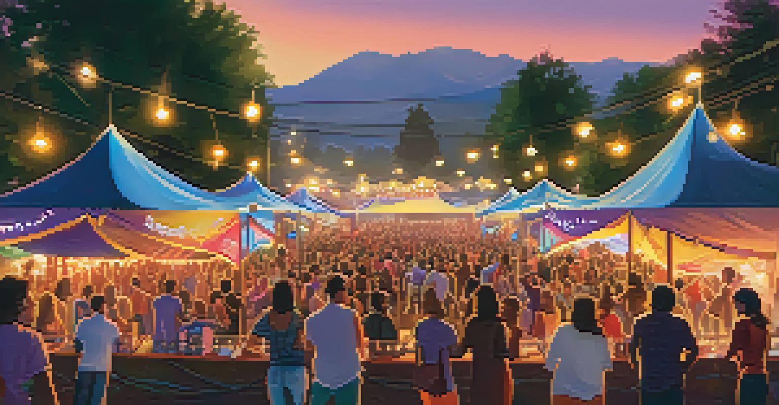 A lively outdoor music festival with a crowd enjoying performances during sunset.