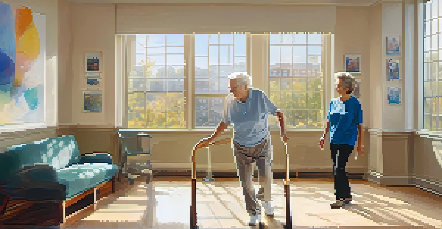 An elderly stroke survivor practicing walking with a therapist in a therapy room, both moving in rhythm to music, with motivational posters and sunlight streaming in.