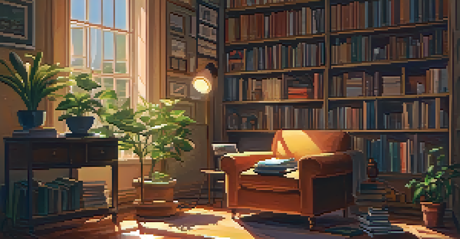 An inviting room with a person enjoying music, books, and a small plant.