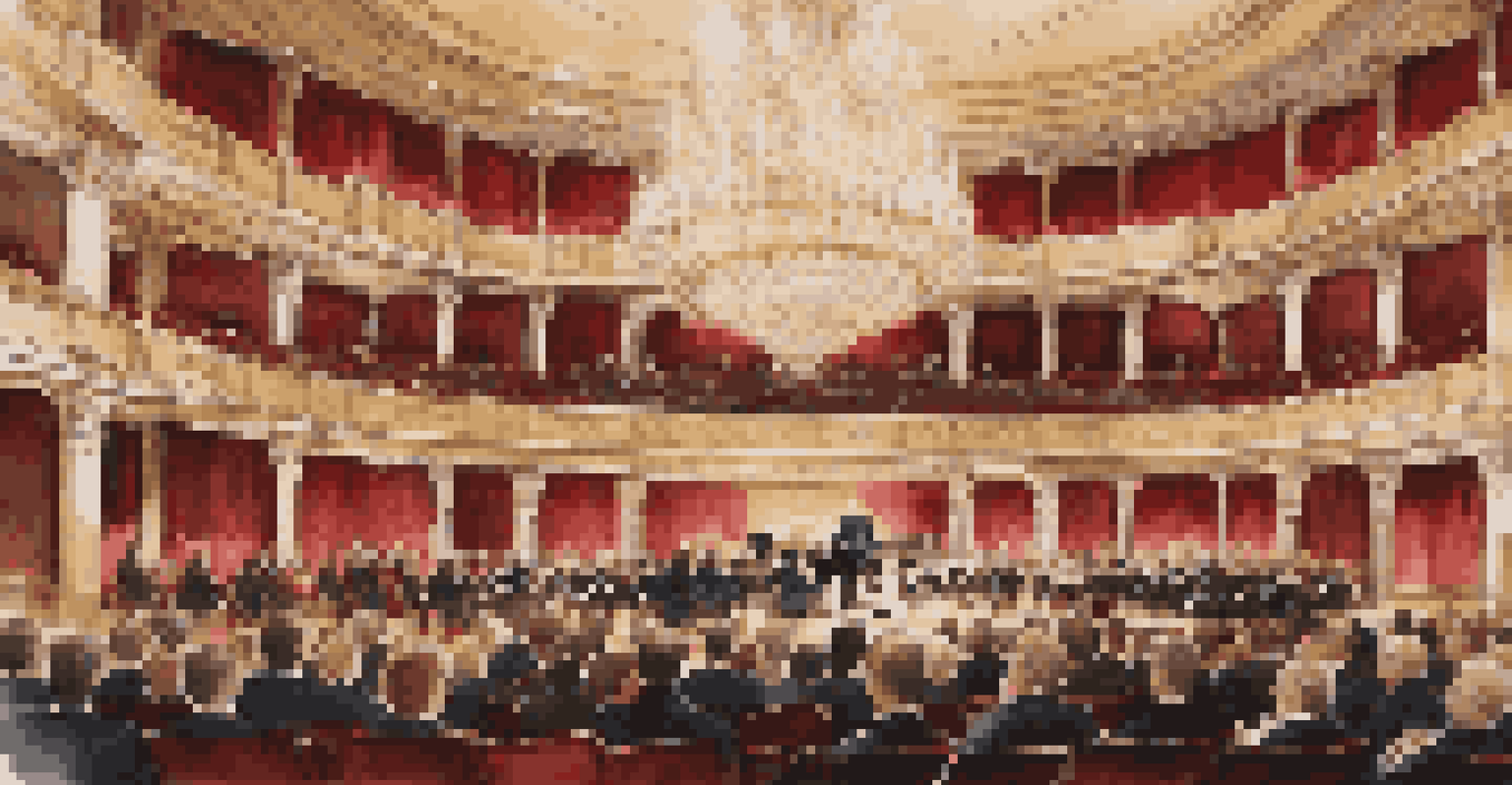 An interior view of a concert hall with an orchestra performing, featuring warm lighting and ornate decorations.