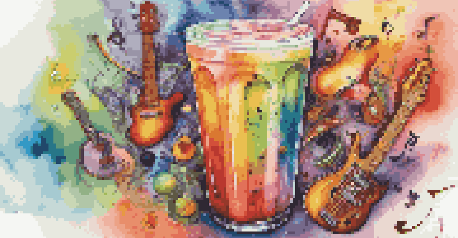 A colorful smoothie made of musical notes and instruments, representing the fusion of various music genres.