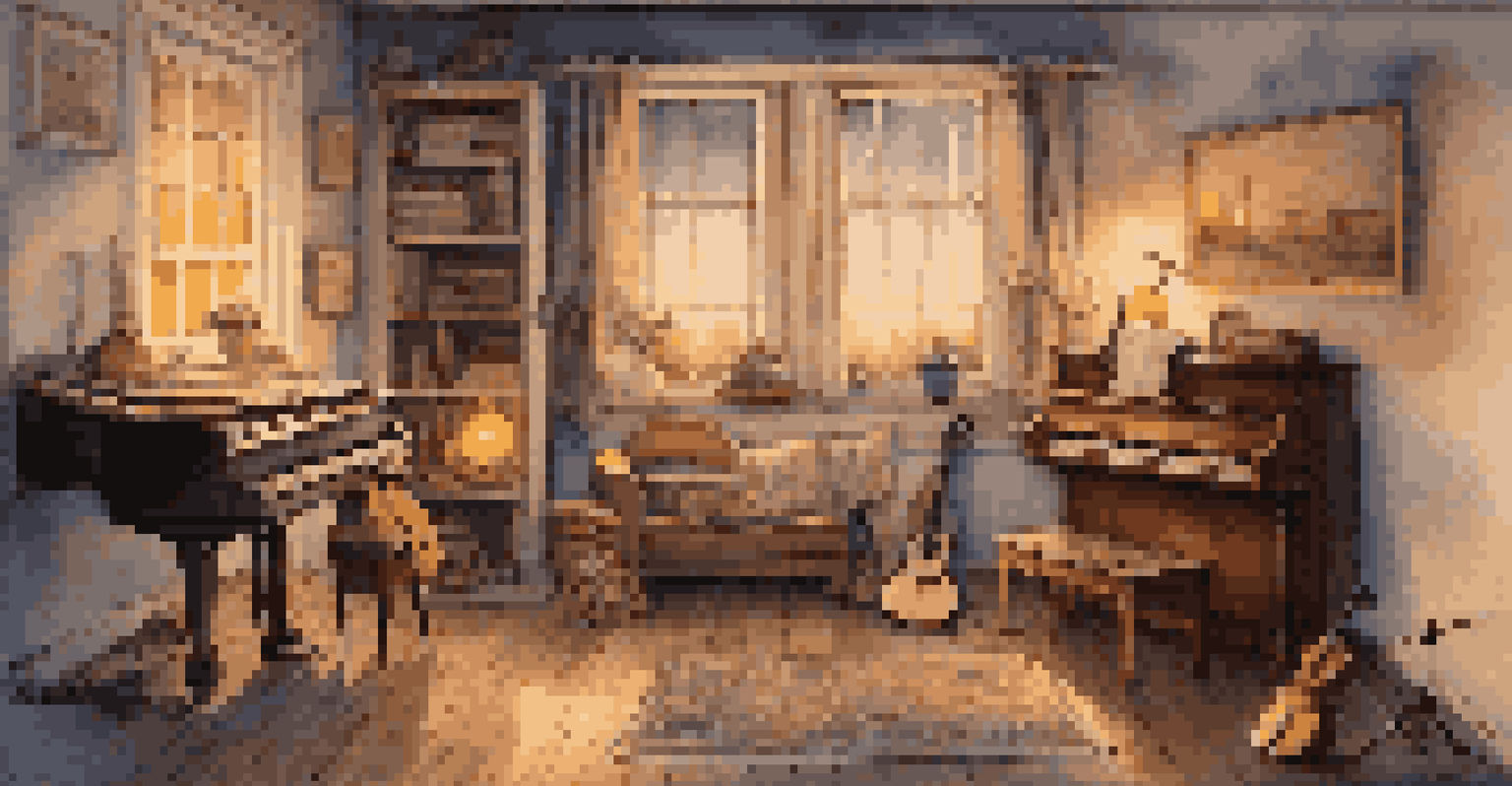 A cozy room with various musical instruments and sheet music, illuminated by soft light, with a view of a starry night outside.