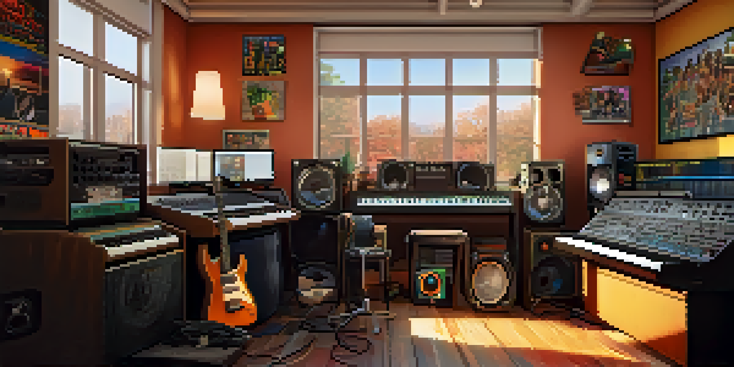 A music studio with guitars, keyboards, and drums, warmly lit by soft lighting and featuring sunset views from a window.