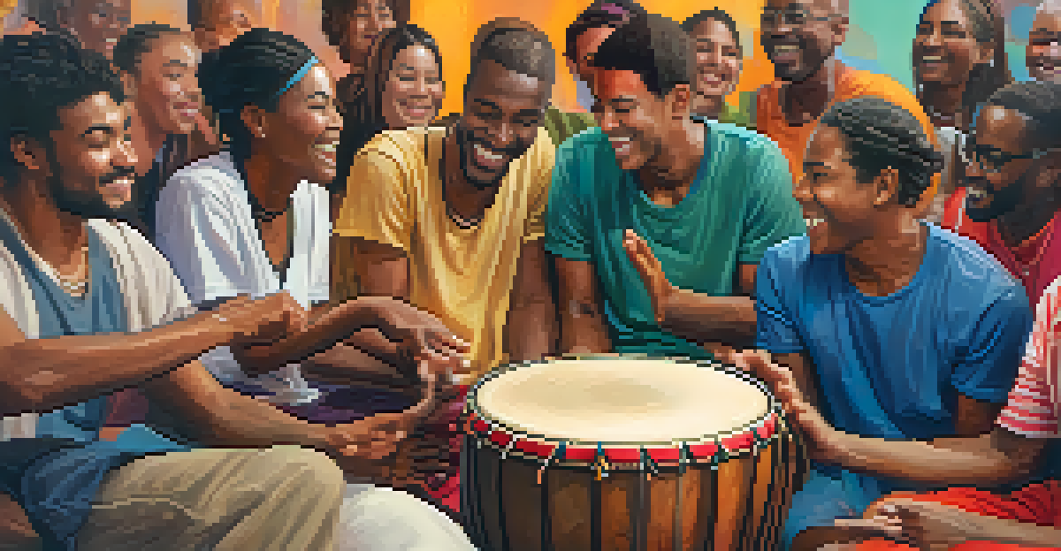 Close-up of hands playing a hand drum, with smiling participants in the background, highlighting the joy and connection in a group therapy setting.