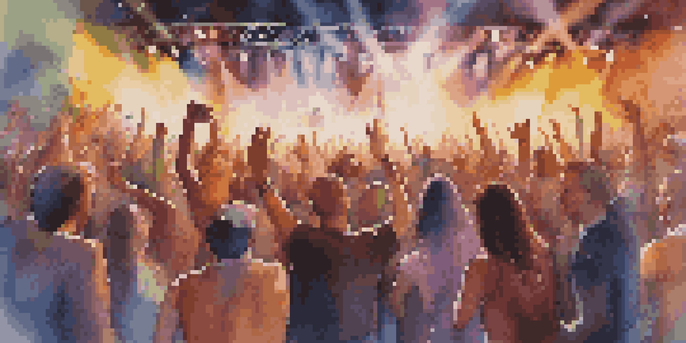 A lively concert with a diverse crowd enjoying the music, colorful lights, and musicians performing on stage.