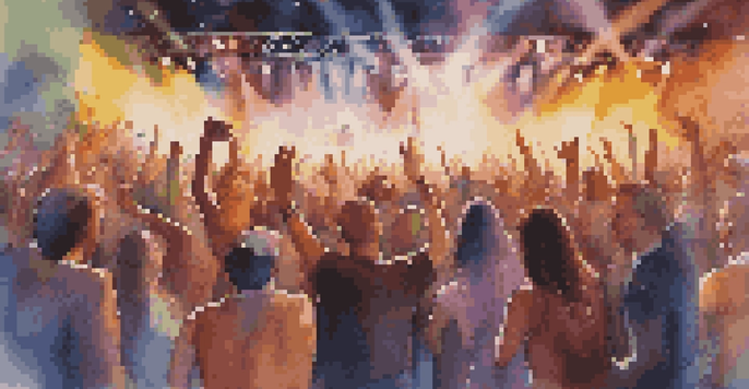 A lively concert with a diverse crowd enjoying the music, colorful lights, and musicians performing on stage.