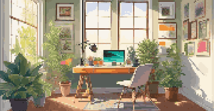 A bright and modern office space with a desk, laptop, and colorful notes, illuminated by sunlight.