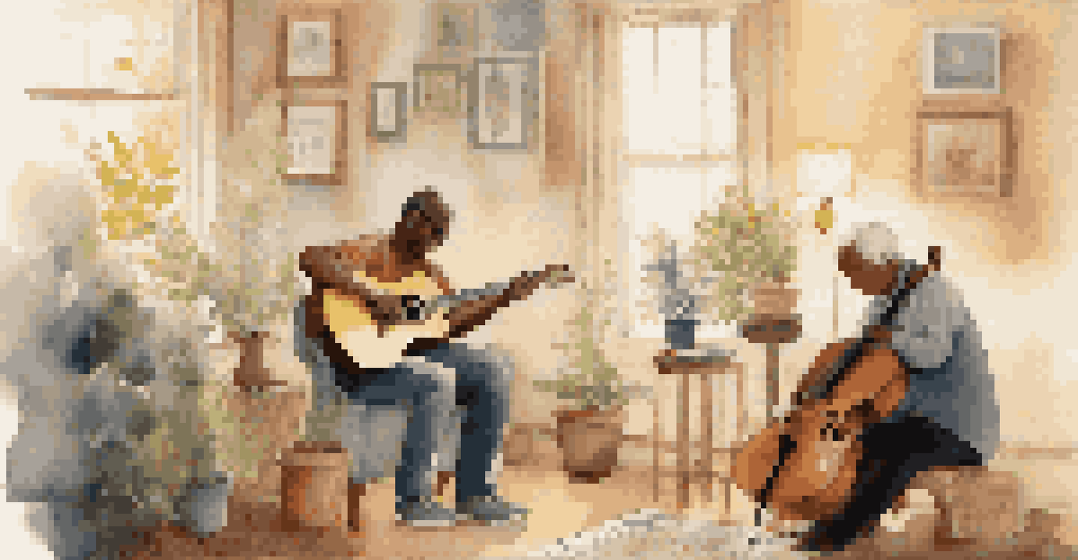 A caregiver engaged in a music therapy session, writing lyrics on a notepad with guidance from a music therapist in a cozy, softly lit room.