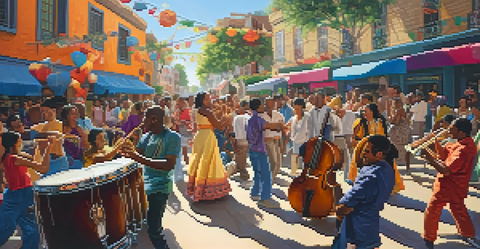A lively street scene with musicians from different cultures performing and an engaged audience dancing, surrounded by colorful decorations and warm sunlight.