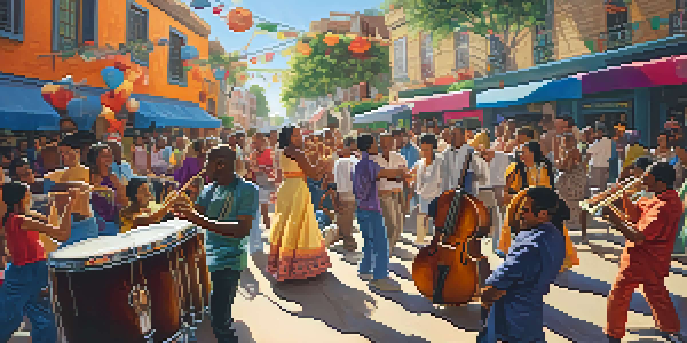A lively street scene with musicians from different cultures performing and an engaged audience dancing, surrounded by colorful decorations and warm sunlight.