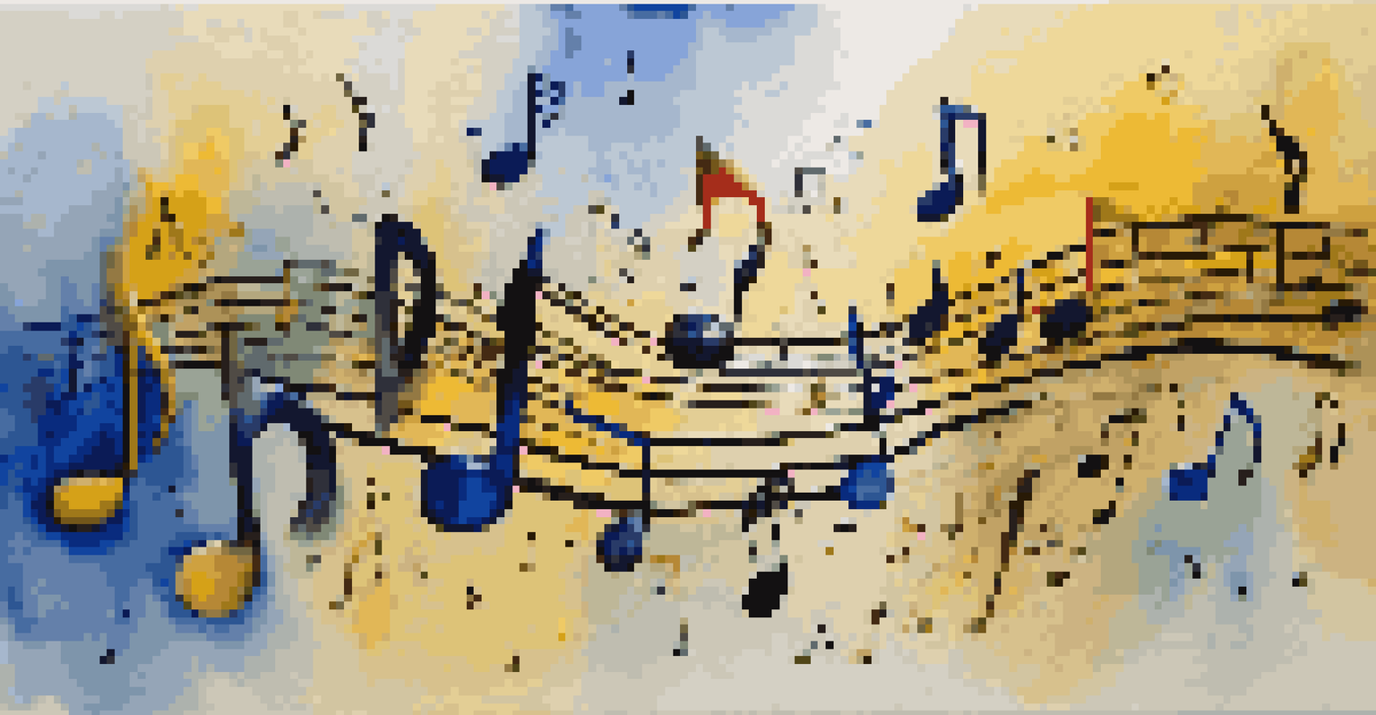 An abstract artwork showcasing musical notes and letters blending together in vibrant colors.