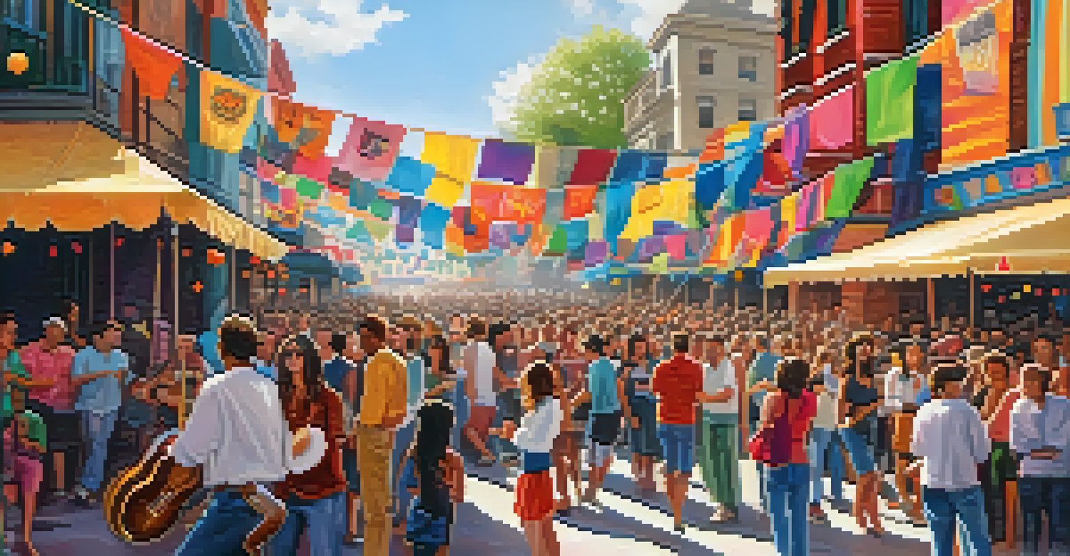 A lively street scene at a music festival with diverse people enjoying live performances and colorful decorations.