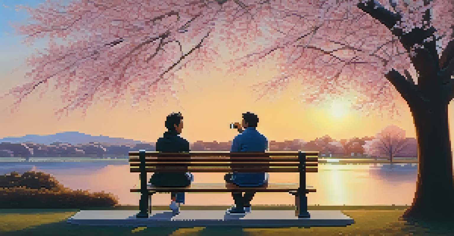 A couple sitting on a park bench, listening to music as the sun sets, surrounded by cherry blossom trees.