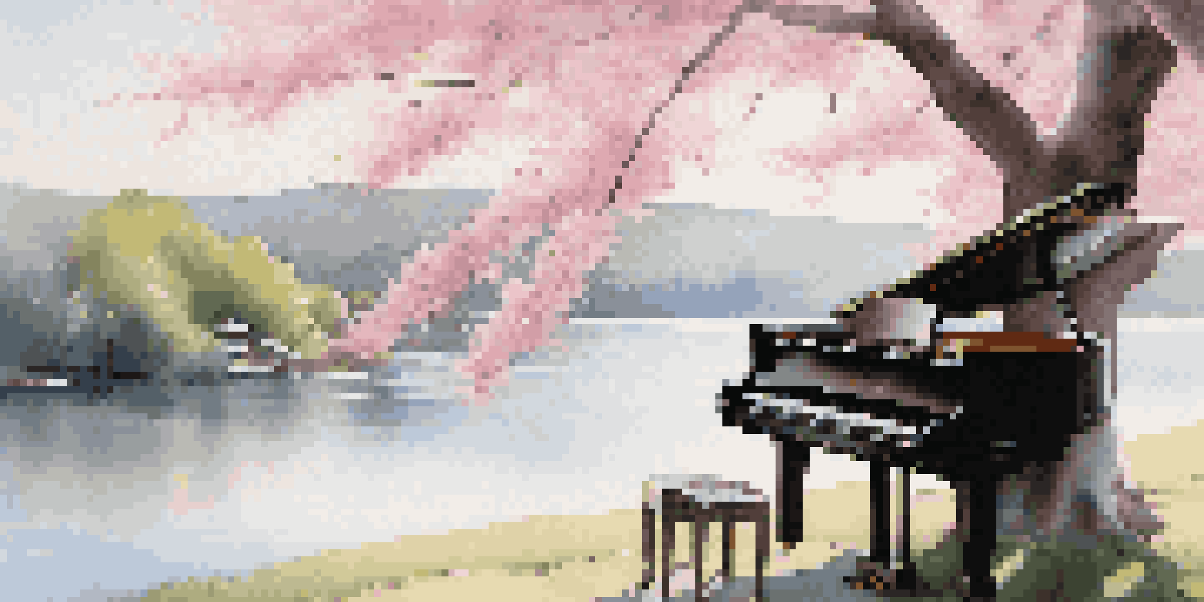 A grand piano placed under a cherry blossom tree with pink flowers, sunlight filtering through, surrounded by hills and a calm lake.