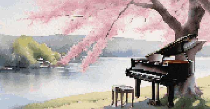 A grand piano placed under a cherry blossom tree with pink flowers, sunlight filtering through, surrounded by hills and a calm lake.