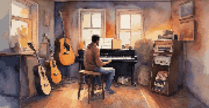 A musician in a cozy music studio, holding a guitar, looking thoughtful, surrounded by sound panels.