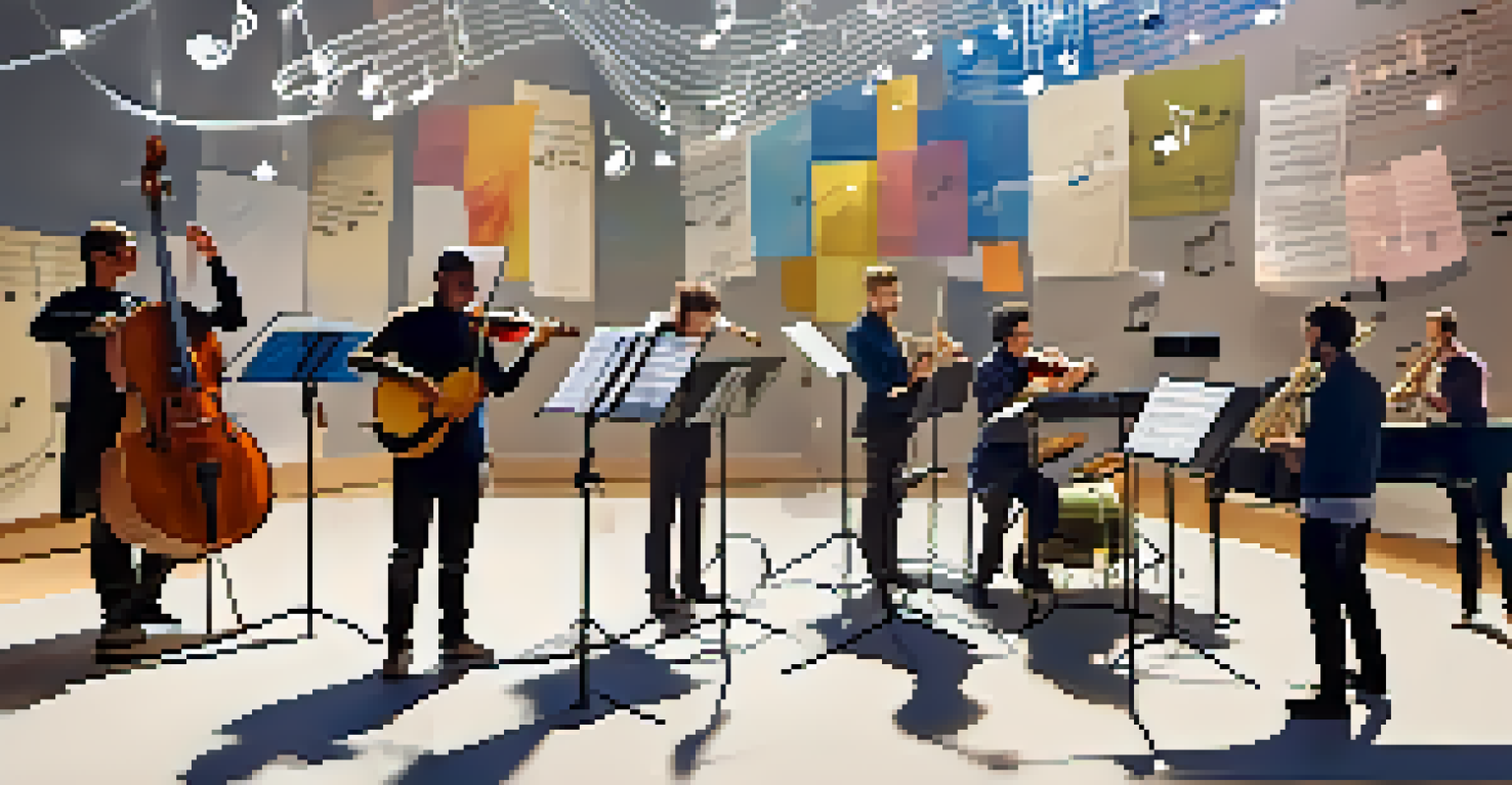 Musicians performing together online in a virtual ensemble.