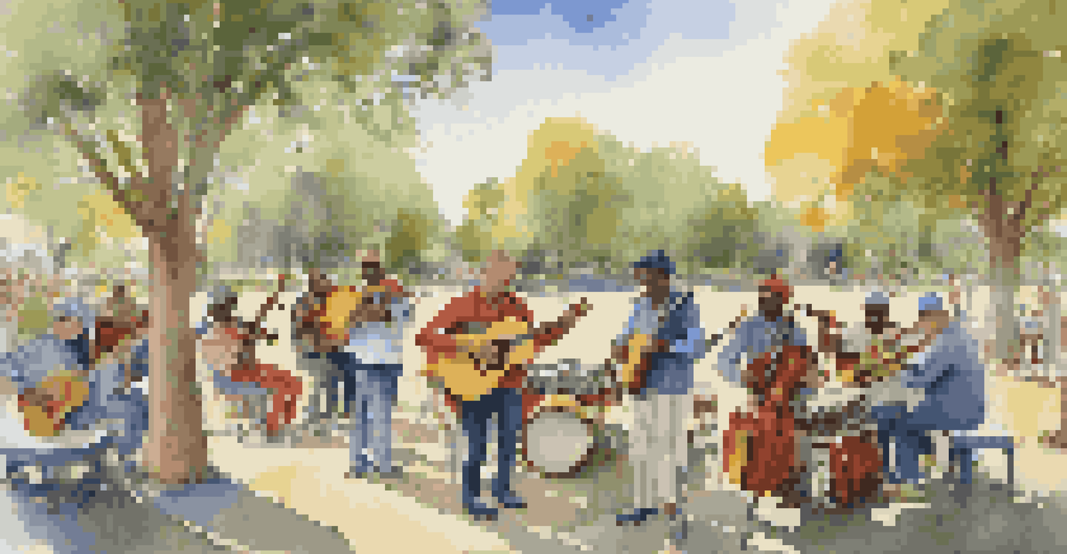 A group of musicians playing instruments in a park during a jam session, repeating a catchy tune, with bright colors and a clear sky.