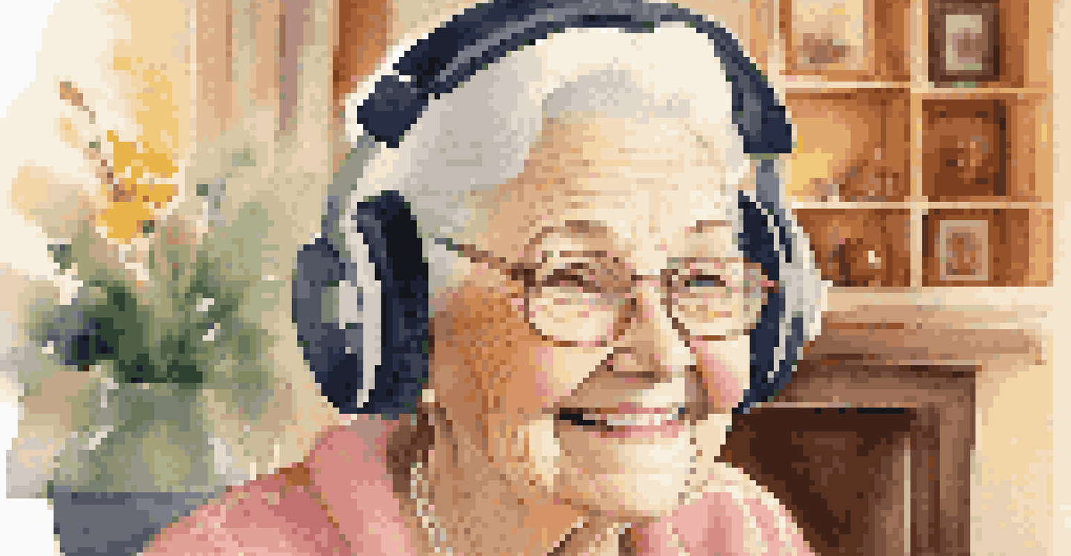 An elderly woman with headphones, smiling as she listens to music in a cozy living room filled with personal mementos.