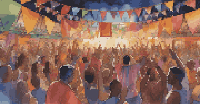 A lively music festival featuring a diverse group of musicians on stage, colorful cultural banners, and an enthusiastic audience dancing.