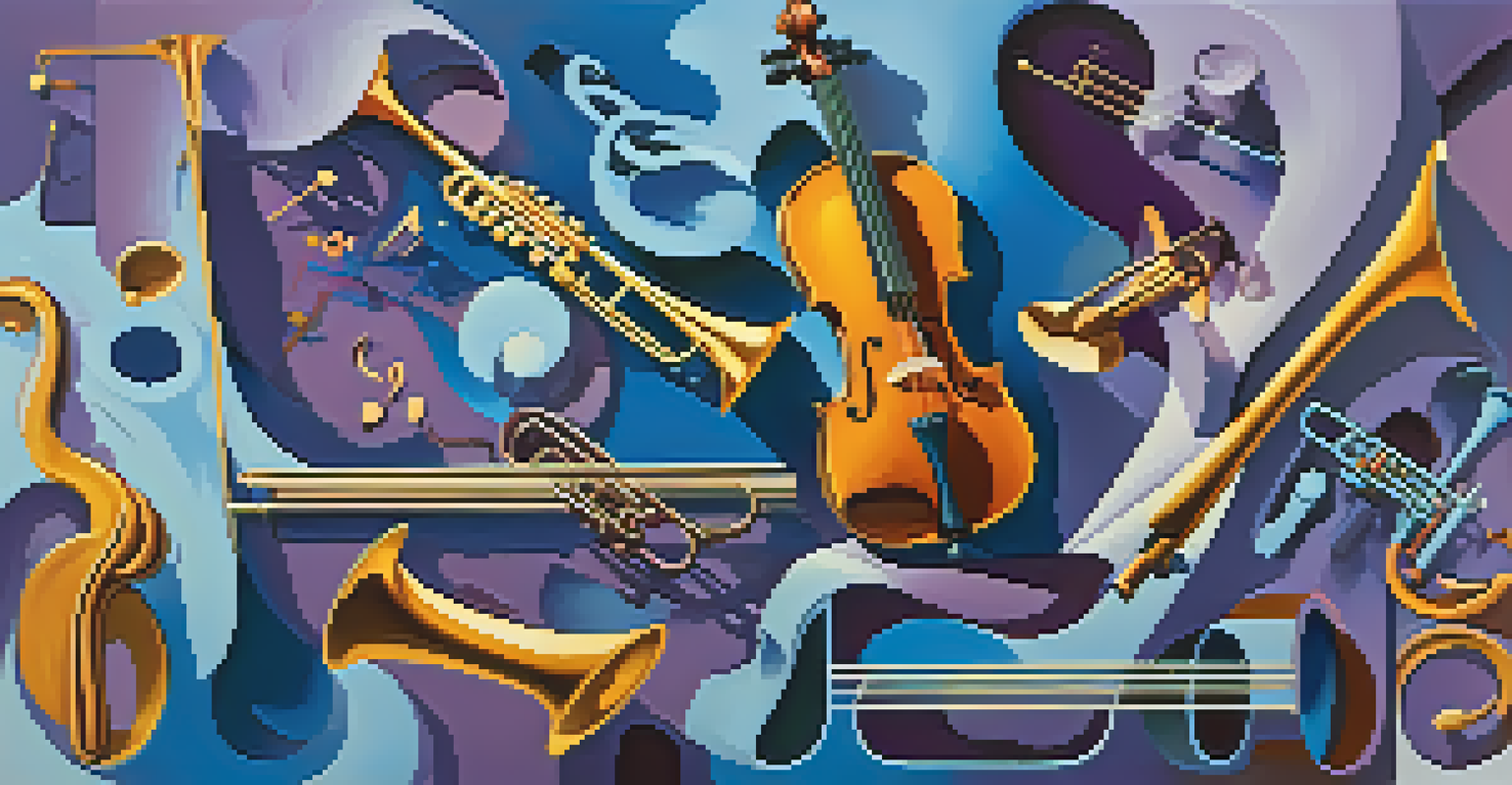 An abstract composition of musical notes and instruments like violin and trumpet, with a colorful background.