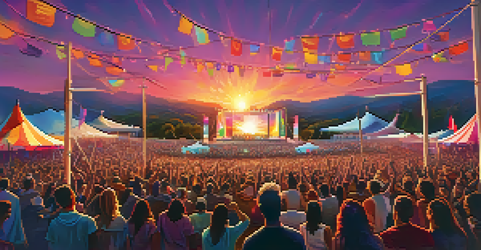 An outdoor music festival with diverse artists performing on stage in front of an excited crowd during sunset.