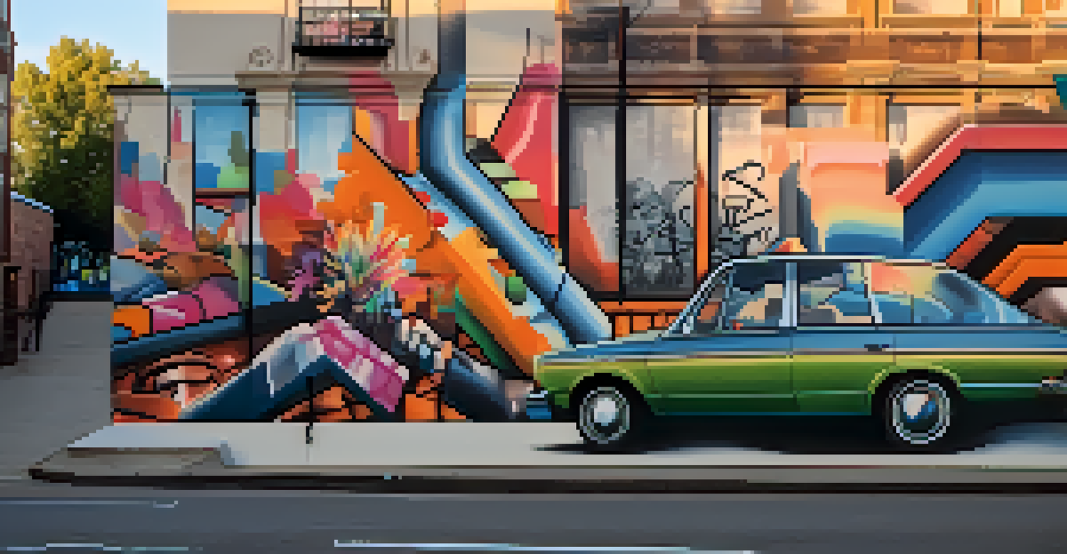 An outdoor mural combining classical and street art styles, illuminated by soft evening light.