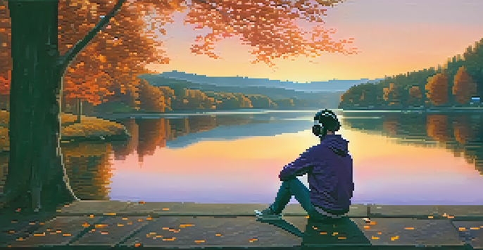 A person sitting by a lakeside during sunset, wearing headphones and enjoying the scenery with colorful autumn leaves.