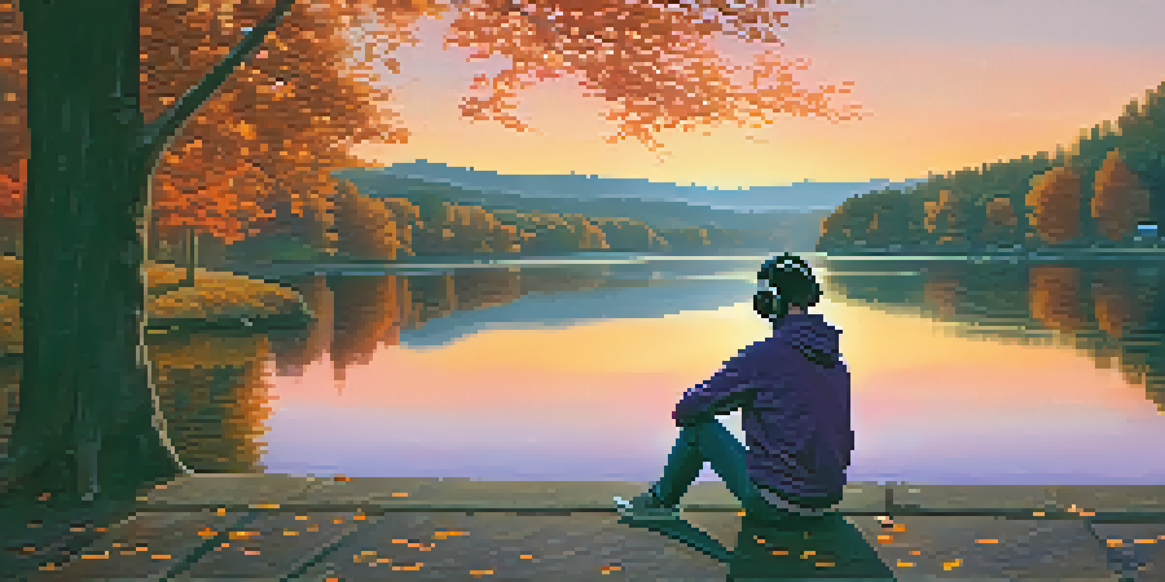 A person sitting by a lakeside during sunset, wearing headphones and enjoying the scenery with colorful autumn leaves.
