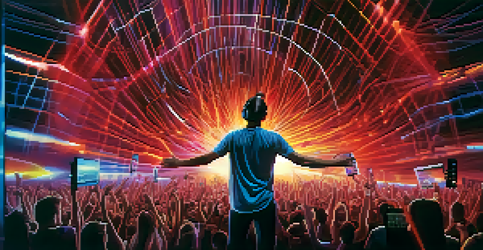 A singer wearing a heart rate monitor with visual sound waves and heartbeats illustrated around them during a concert.