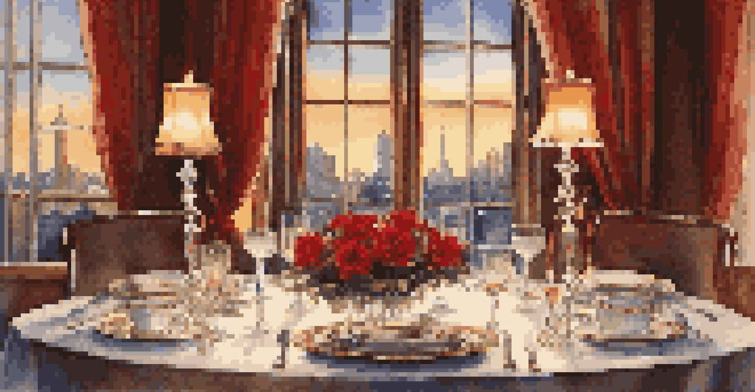 A beautifully arranged dining table for a romantic dinner with candles and roses.