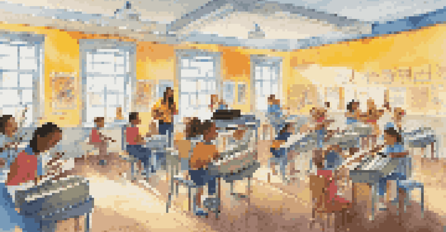 A vibrant classroom with a teacher engaging students in a musical lesson, colorful posters on the walls, and a piano in the corner.