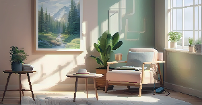 A peaceful palliative care room with soft lighting, a cozy armchair, and a music player on a table, creating a calming atmosphere.