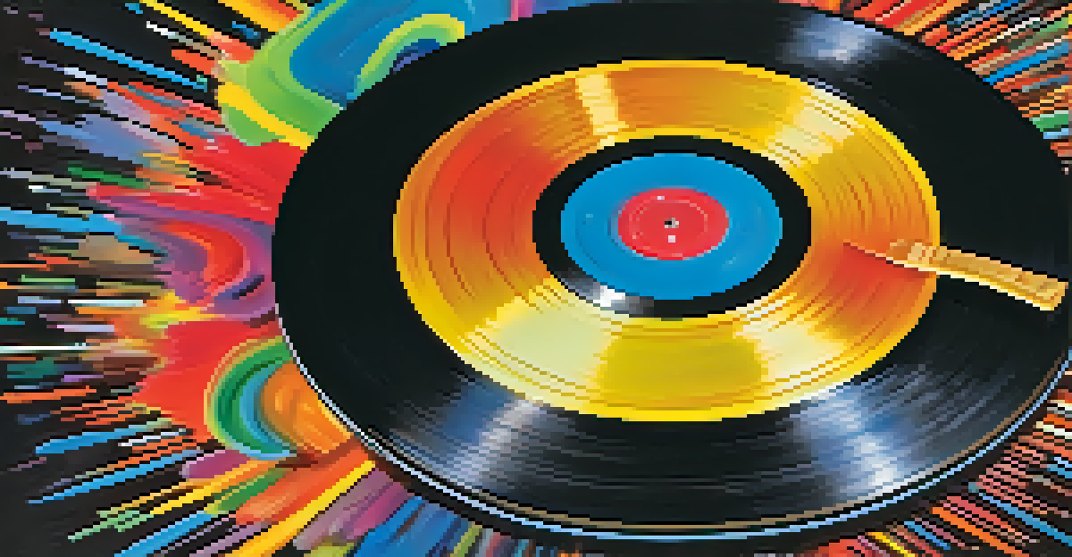 A colorful artistic representation of a vinyl record with abstract shapes and musical notes around it.