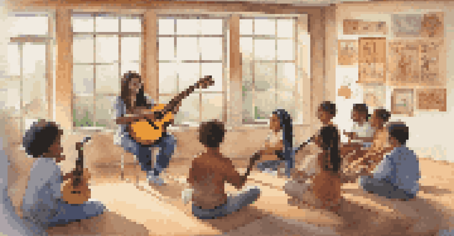 A classroom with a music workshop where students play traditional instruments under the guidance of a teacher, surrounded by cultural decorations.