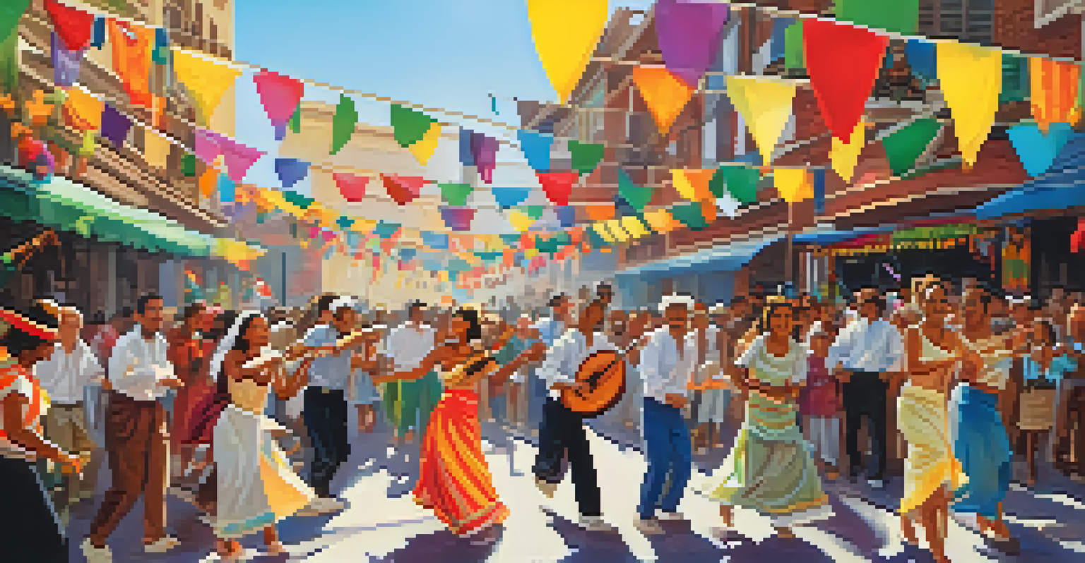 A lively street festival with people dancing and musicians performing.