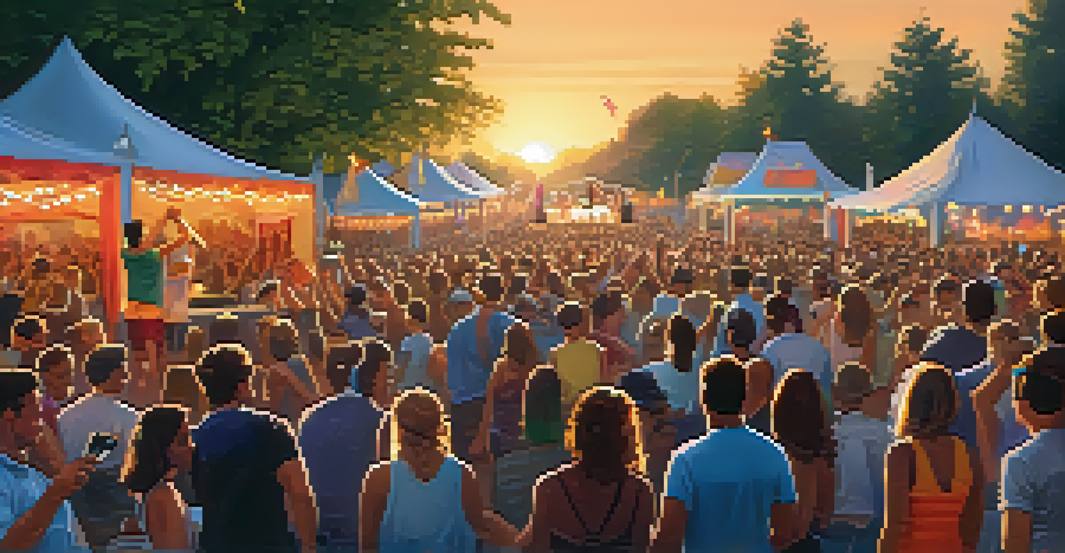A lively outdoor summer festival with a crowd enjoying a band performance under colorful lights.